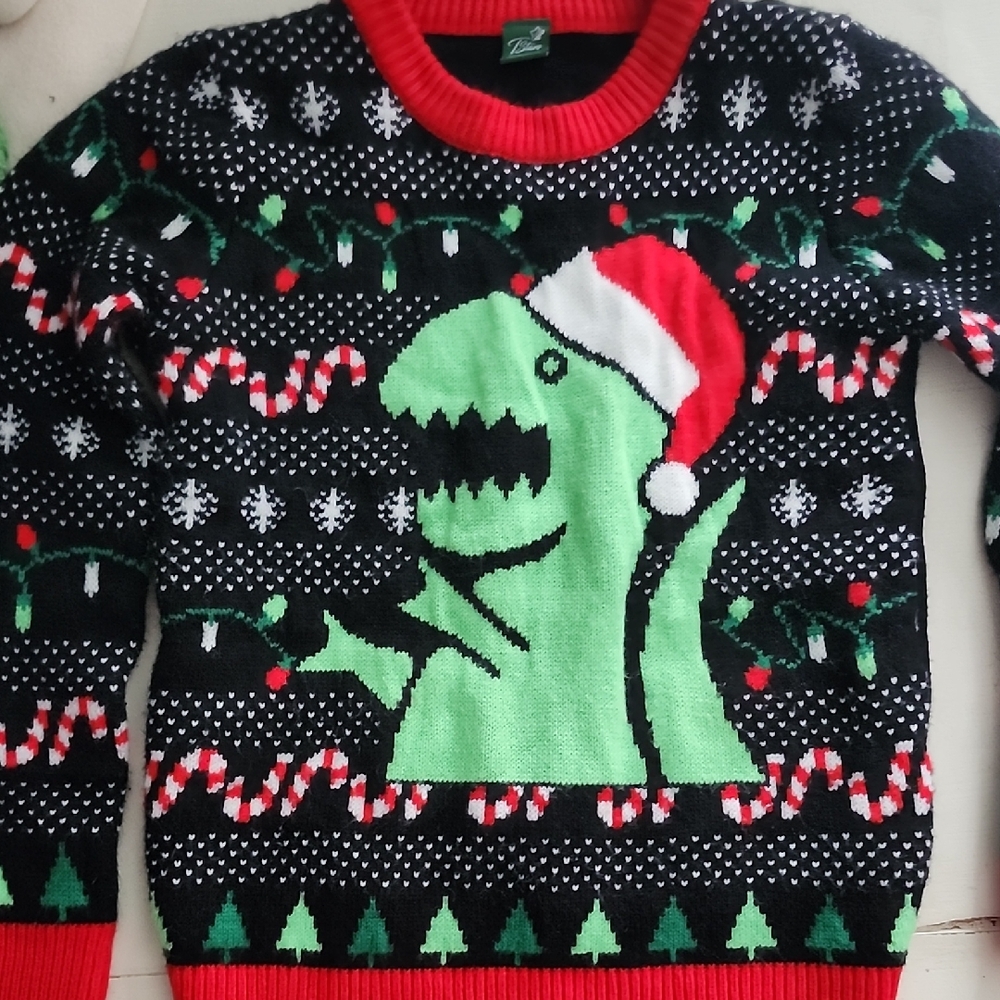 Festive Dinosaur Christmas Sweater - Black and Red